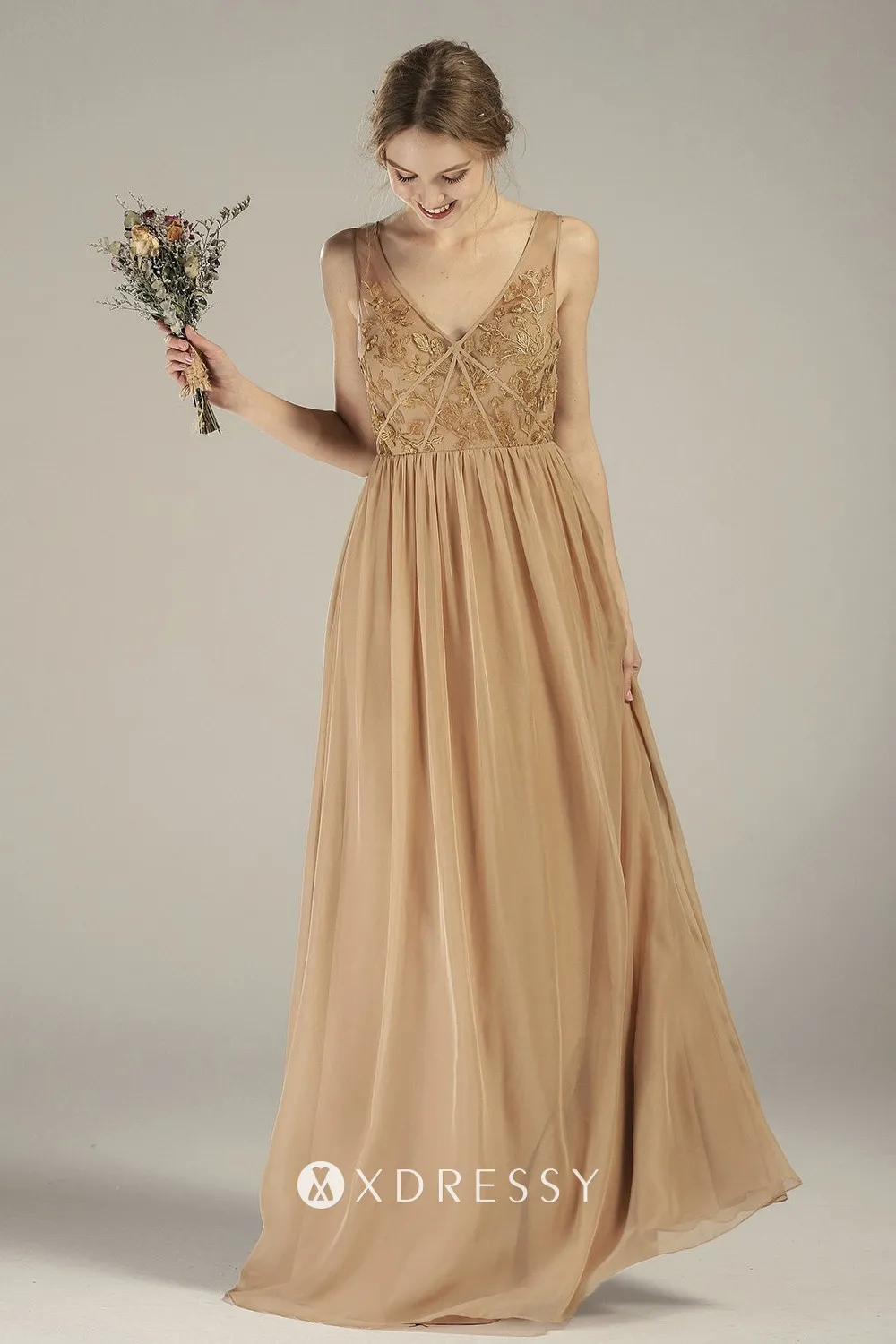 Peanut V neck lace and chiffon bridesmaid dress Peanut V neck lace and chiffon bridesmaid dress