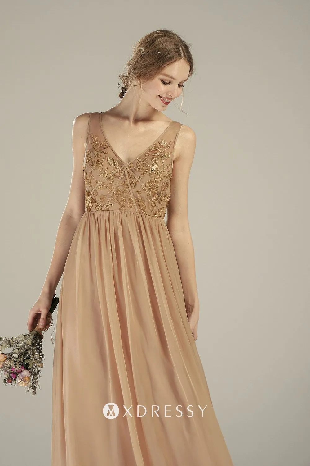 Peanut Vneck Lace and Chiffon Long Bridesmaid Dress Xdressy