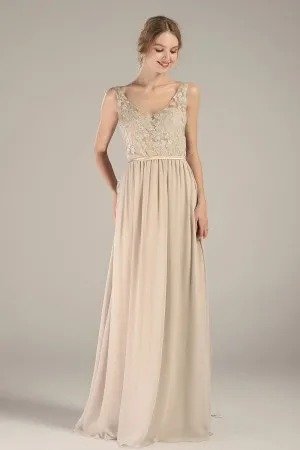 sand lace and chiffon sleeveles bridesmaid dress