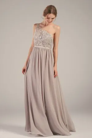 one shoulder strap lace and chiffon long bridesmaid dress