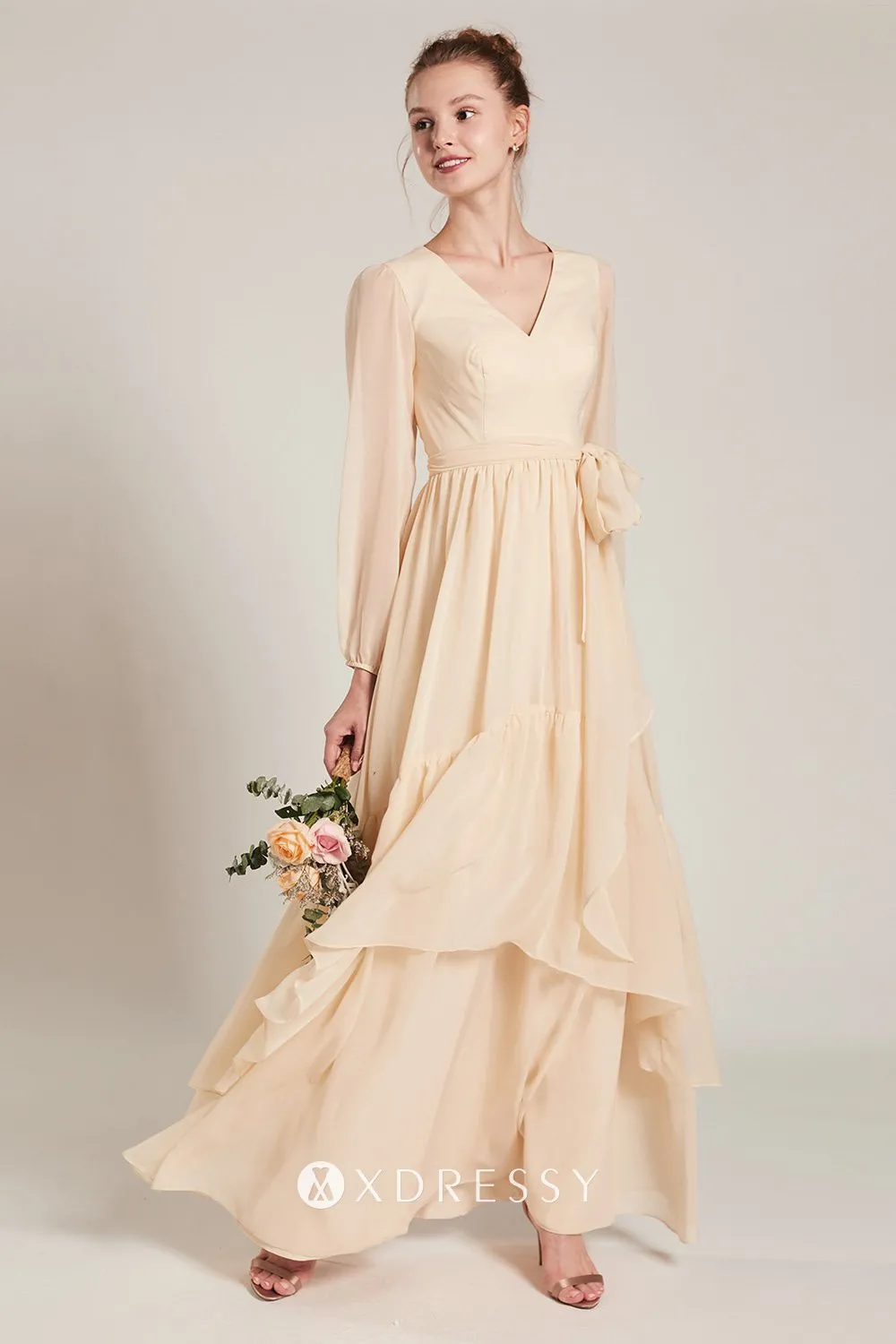 Long Sleeves Light Champagne Chiffon Bridesmaid Dress Xdressy