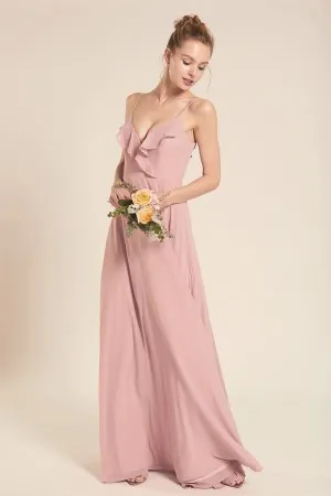 blush spaghetti straps V neckline bridesmaid dress