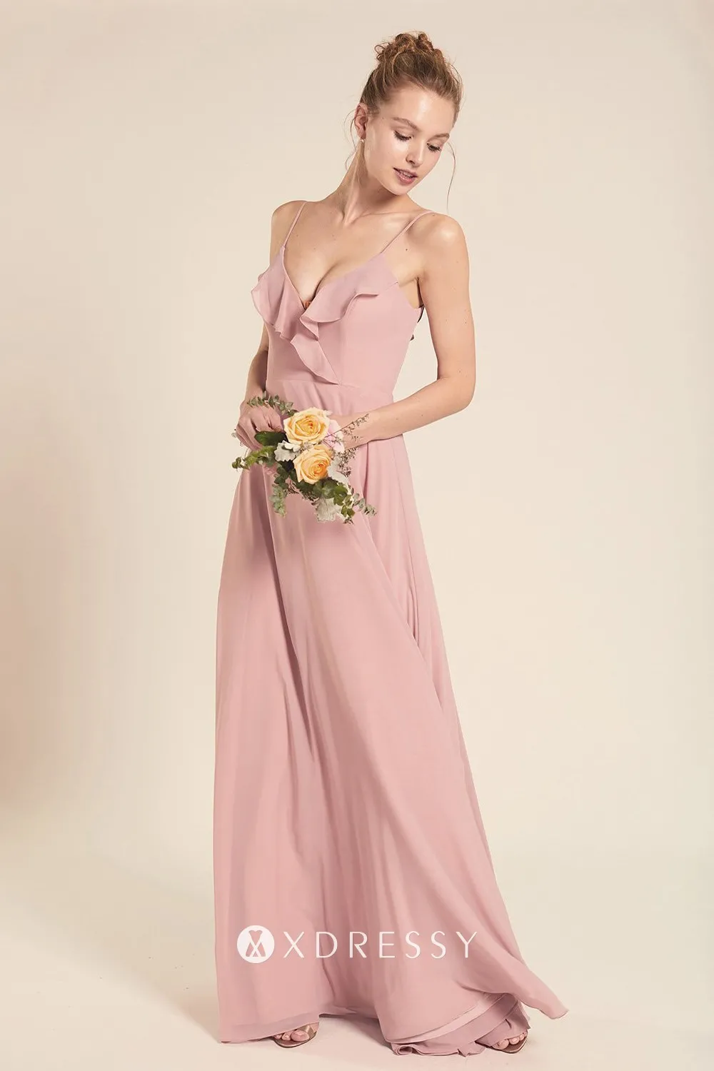 blush spaghetti straps V neckline bridesmaid dress