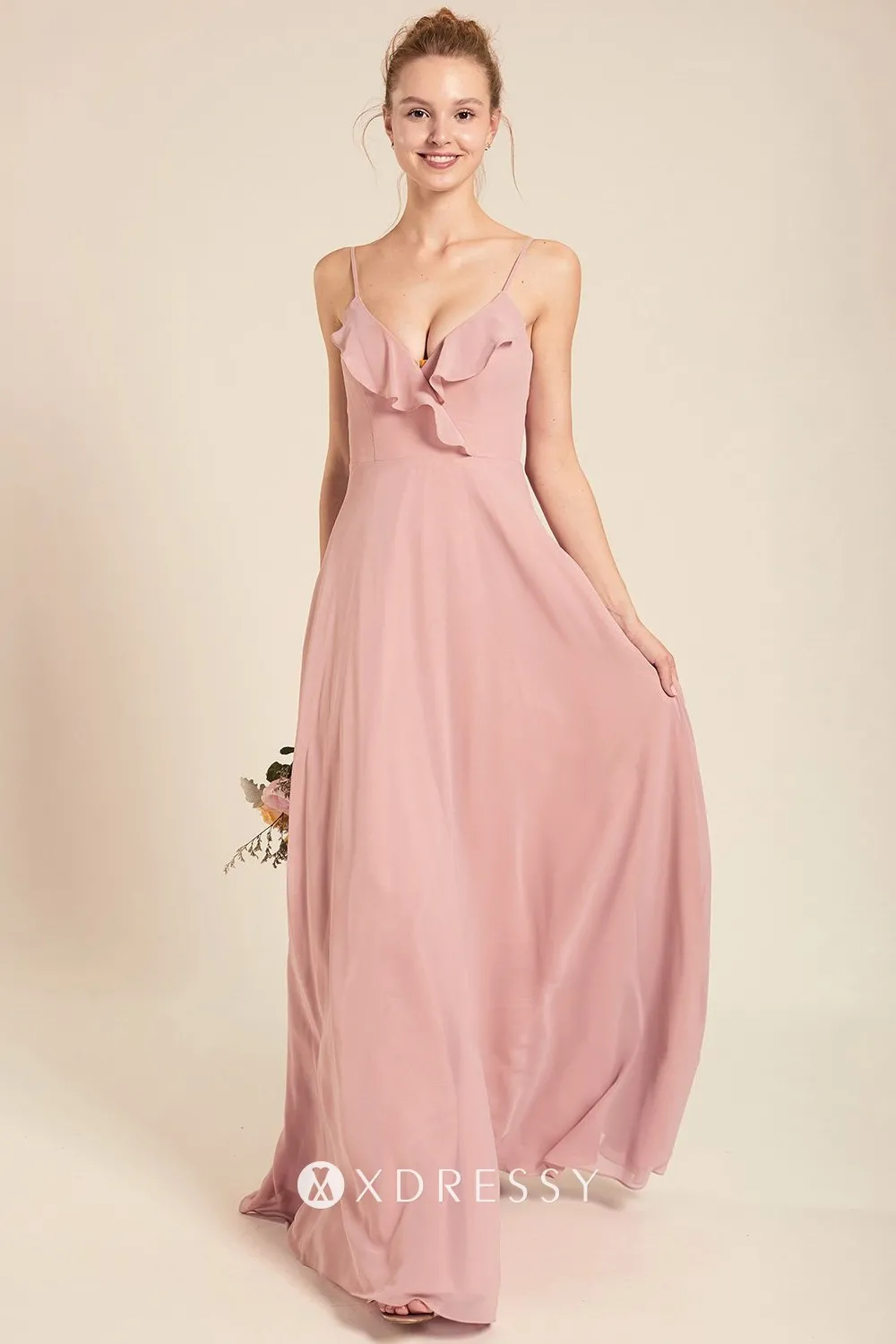 Blush Spaghetti Straps Vneck Long Bridesmaid Dress Xdressy