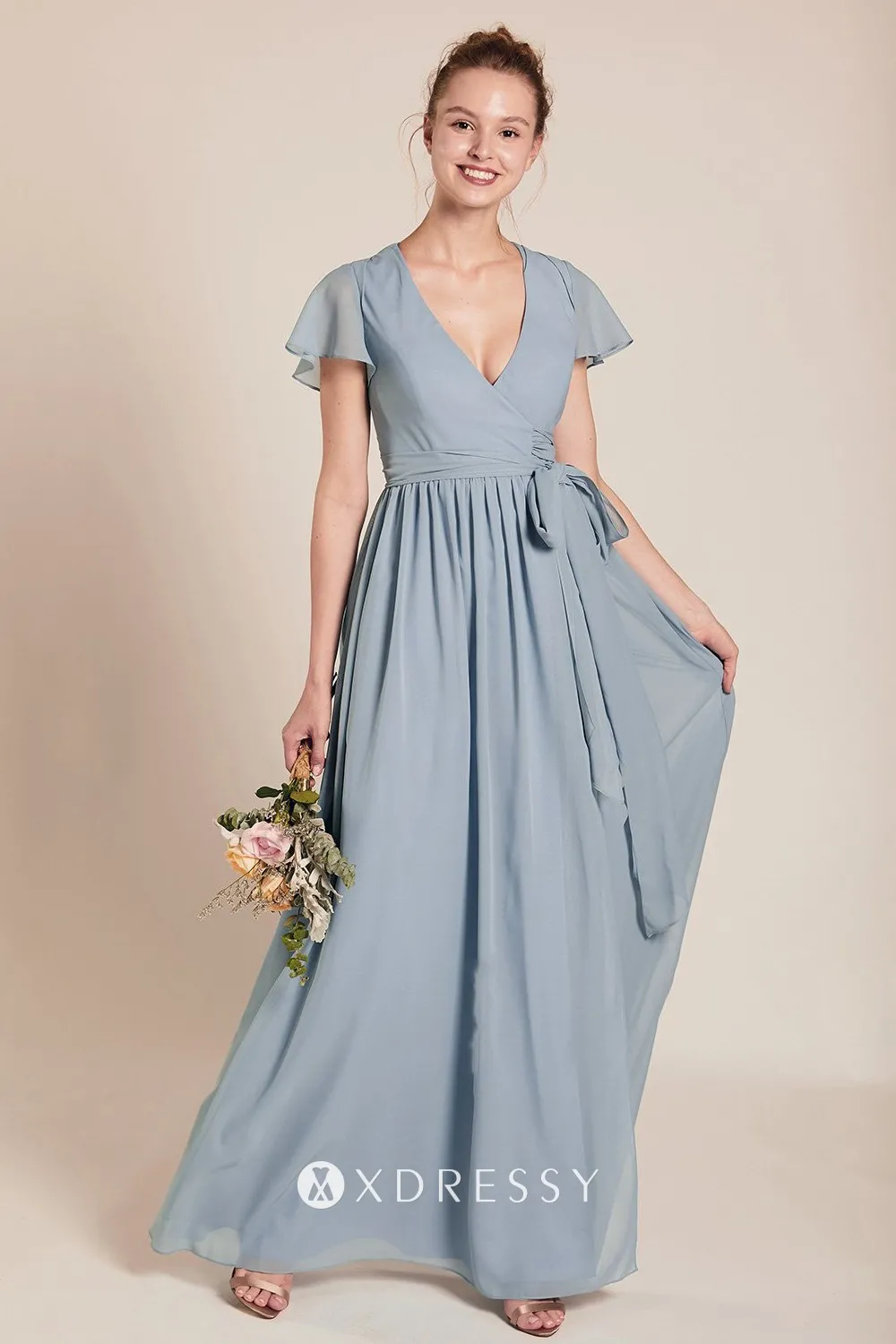 Cap Sleeve Dusty Blue V-Neck Long 