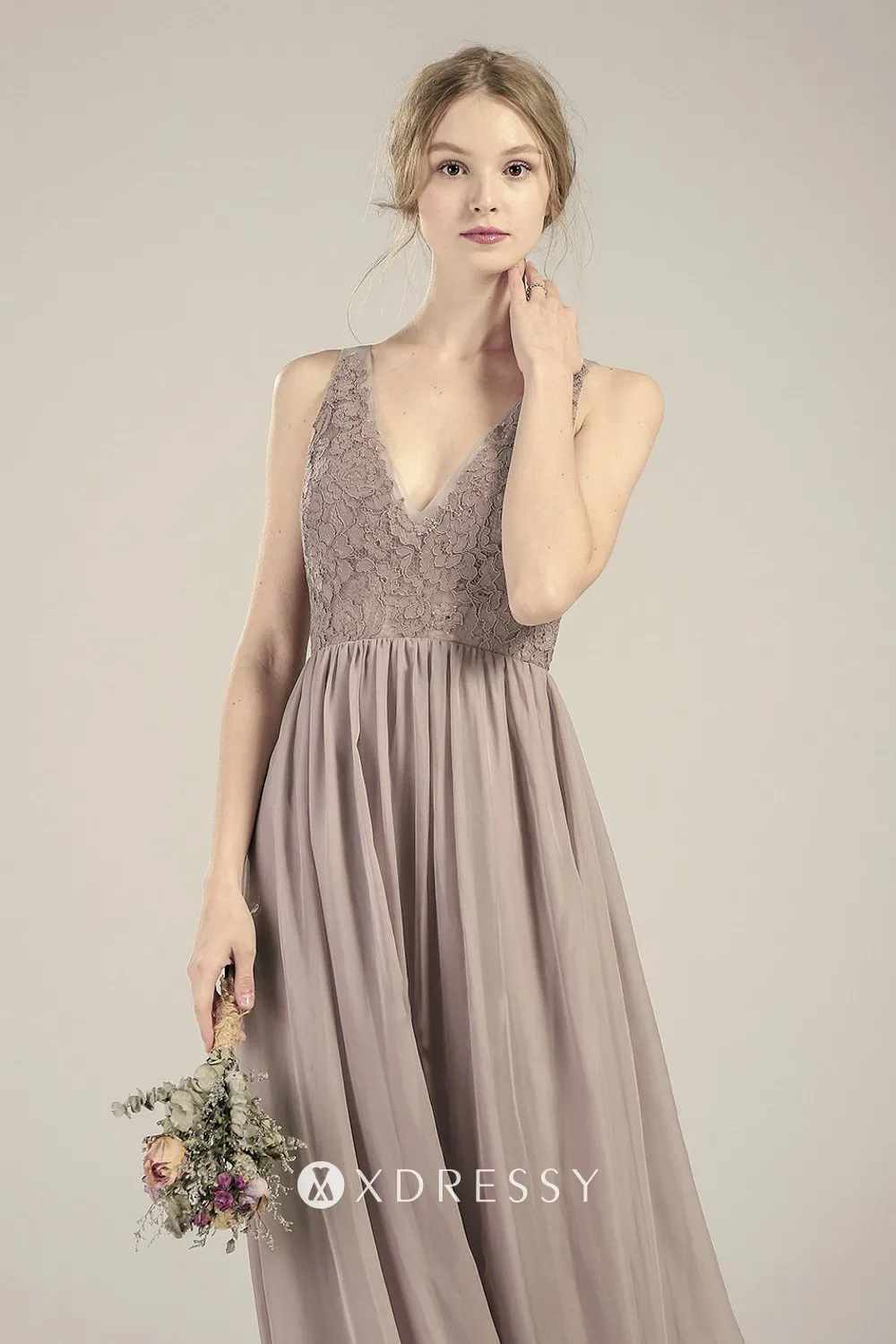 Illusion V neck bridesmaid dress