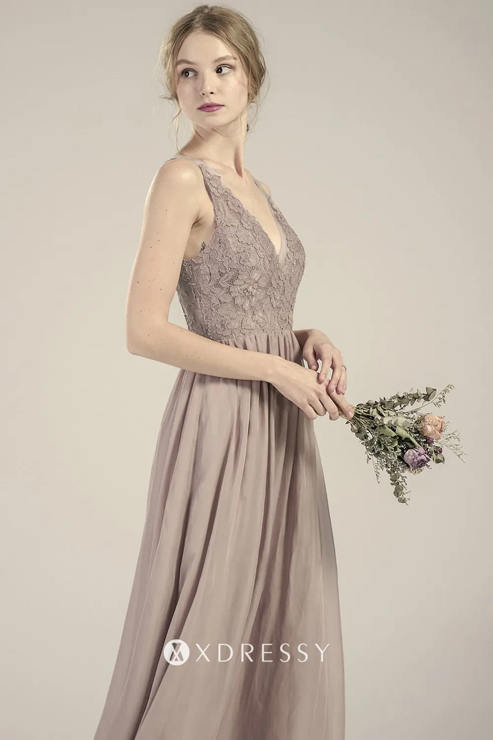 Sheer wide straps bridesmaid dress