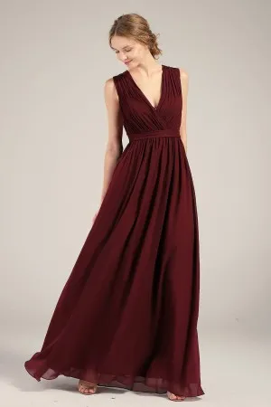 burgundy V neck pleated chiffon bridesmaid dress