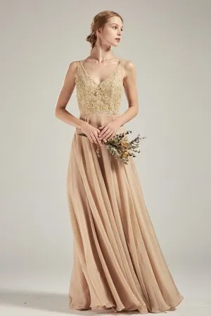 Champagne V neck lace and chiffon bridesmaid dress