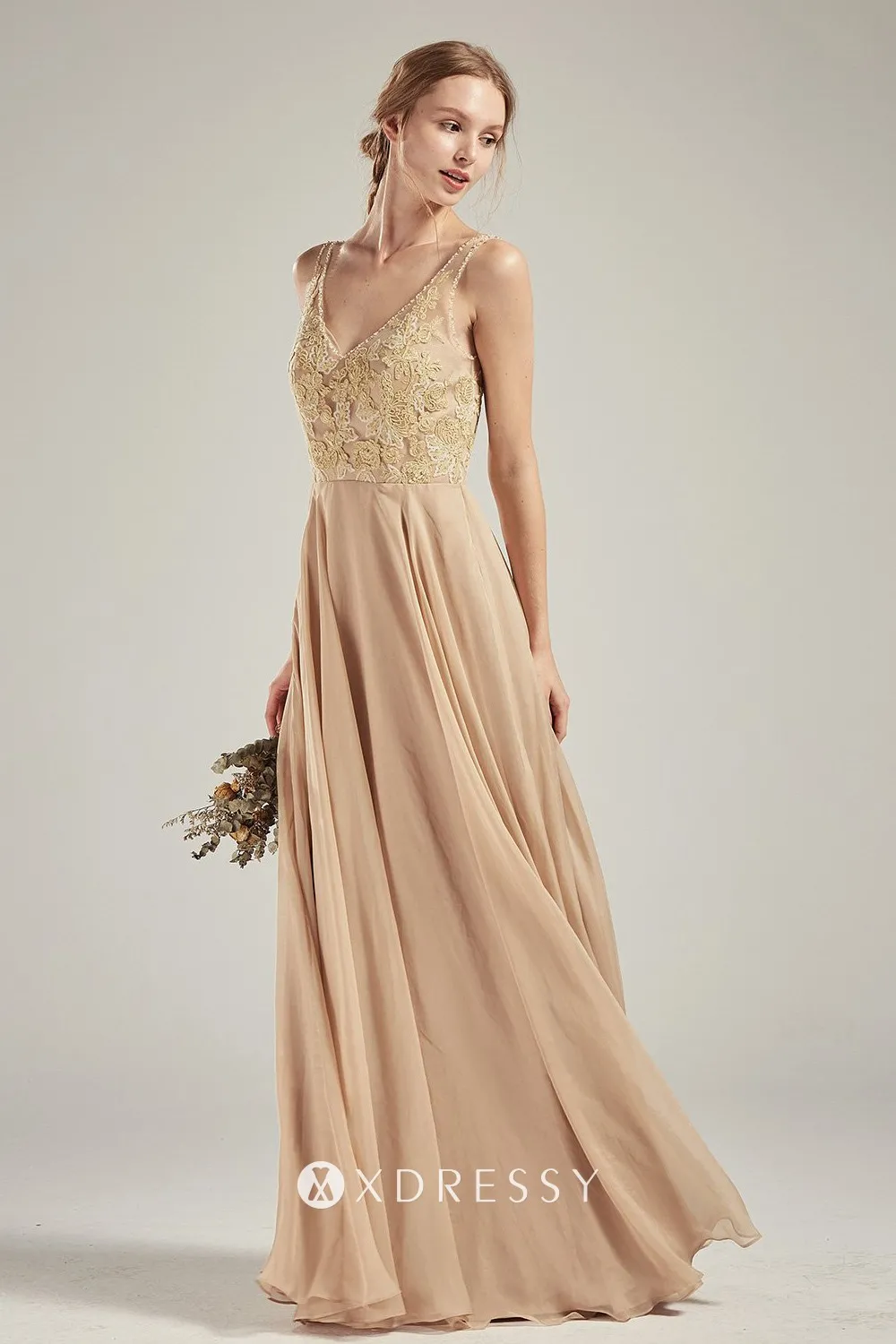 V-neck Lace and Chiffon Dresses with Open Back Taupe Plus Size