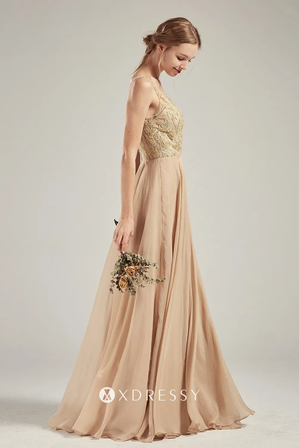 sheer wide straps bridesmaid dress