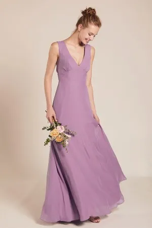 mauve purple V neck sleeveless bridesmaid dress