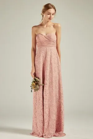 peach lace ruched empire waist long bridesmaid dress