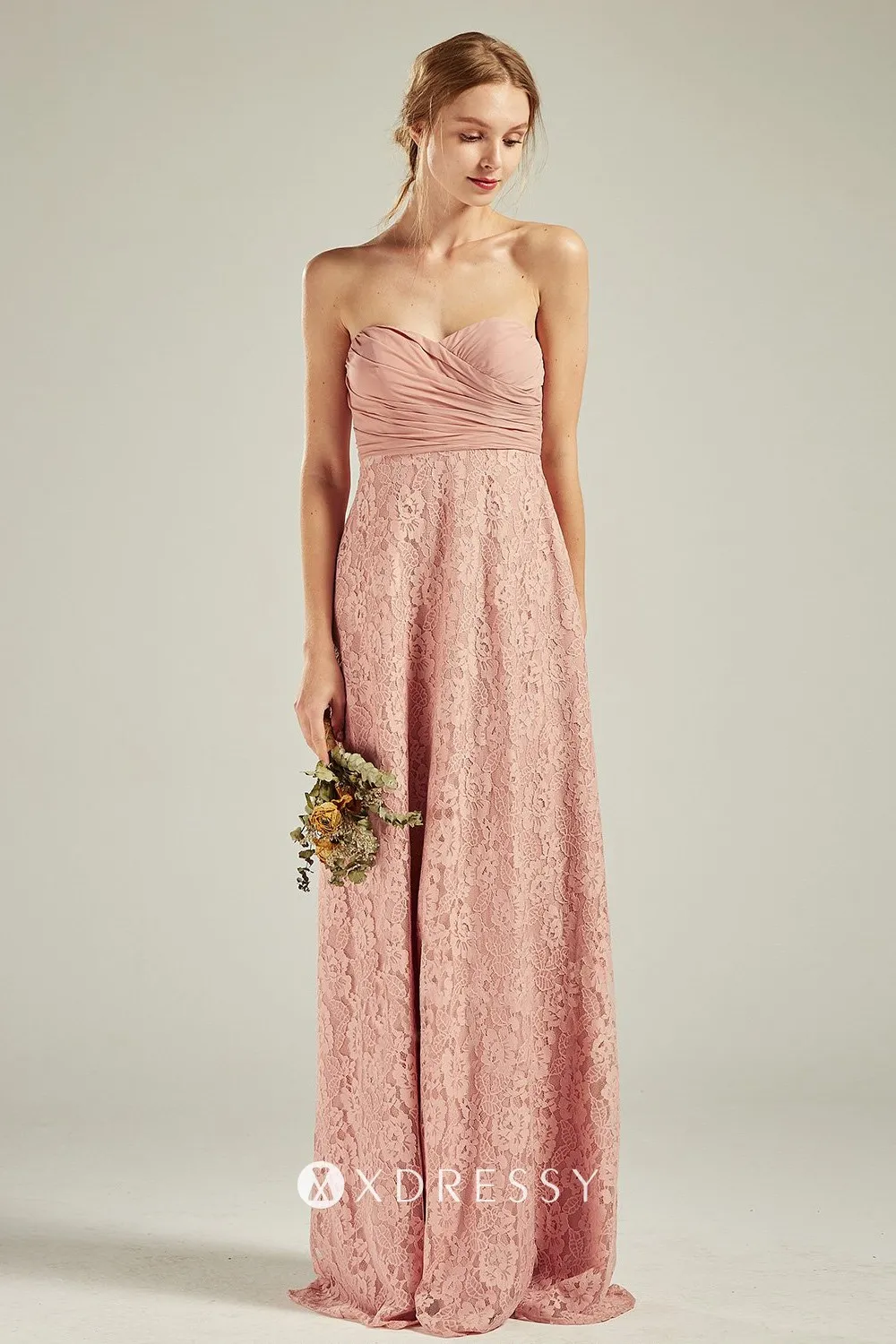 Peach Lace Ruched Empire Waist Sheath Bridesmaid Dress - Xdressy