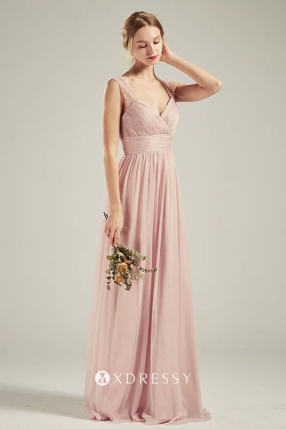 illusion lace V back bridesmaid dress
