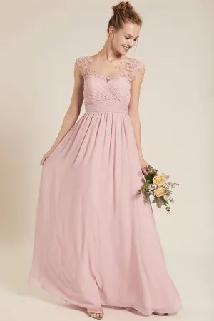baby pink lace cap sleeve bridesmaid dress