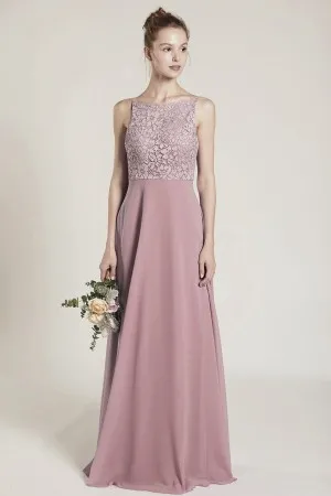vintage mauve bateau neck lace and chiffon long dress