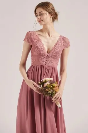 rose V neck bridesmaid dress