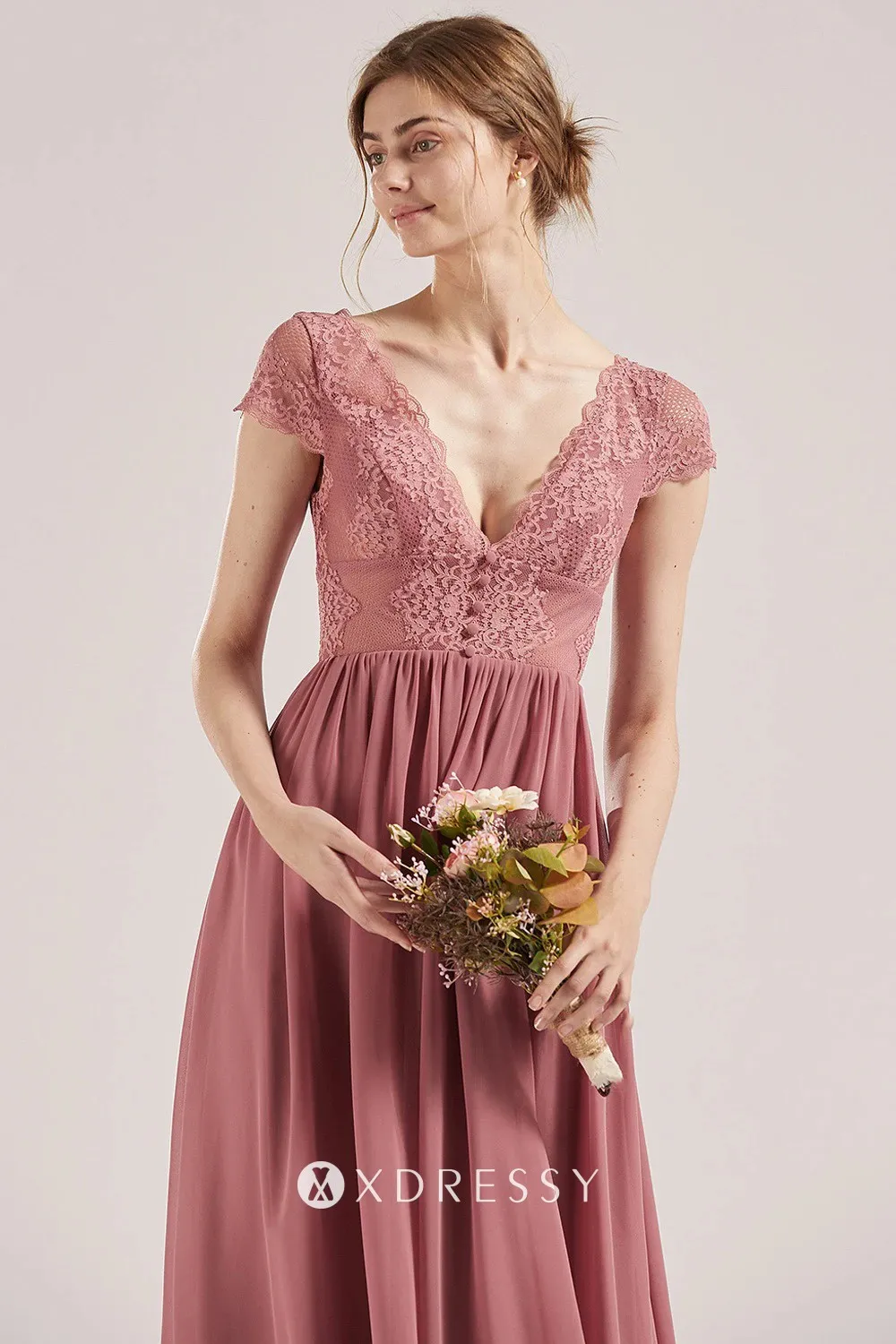 rose V neck bridesmaid dress