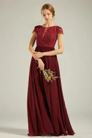 burgundy cap sleeve lace and chiffon bridesmaid dress