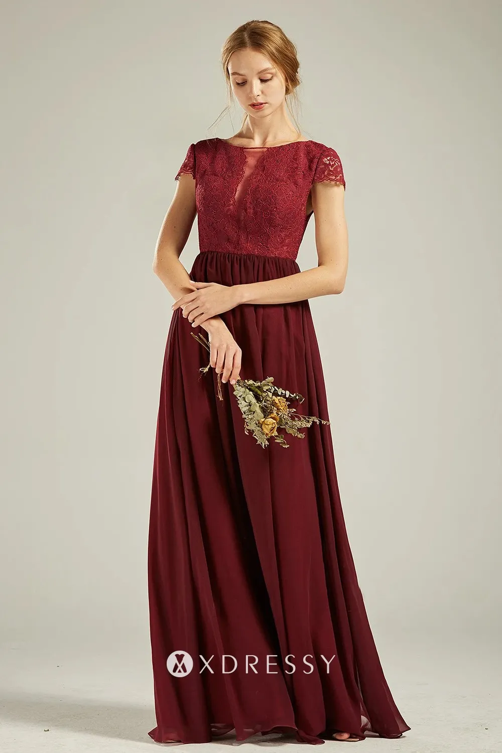 Cap Sleeve Burgundy Lace and Chiffon Bridesmaid Dress - Xdressy