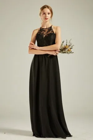 black sheer halter neckline bridesmaid dress