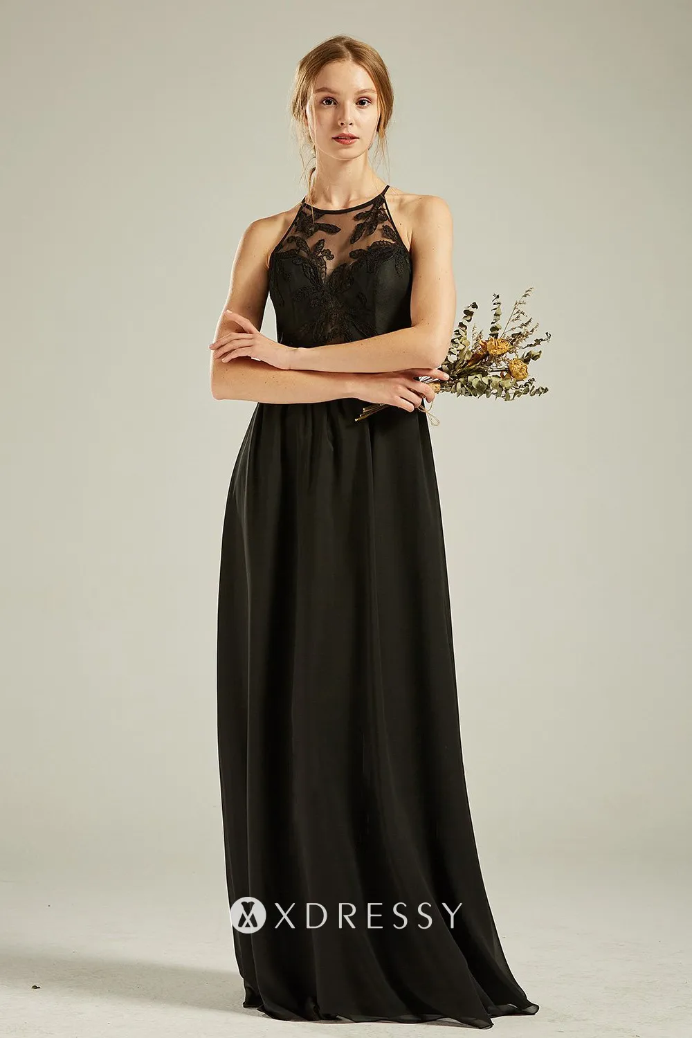 black sheer halter neckline bridesmaid dress