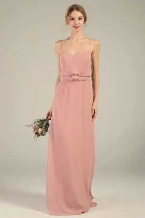 peach pink thin shoulder straps bridesmaid dress