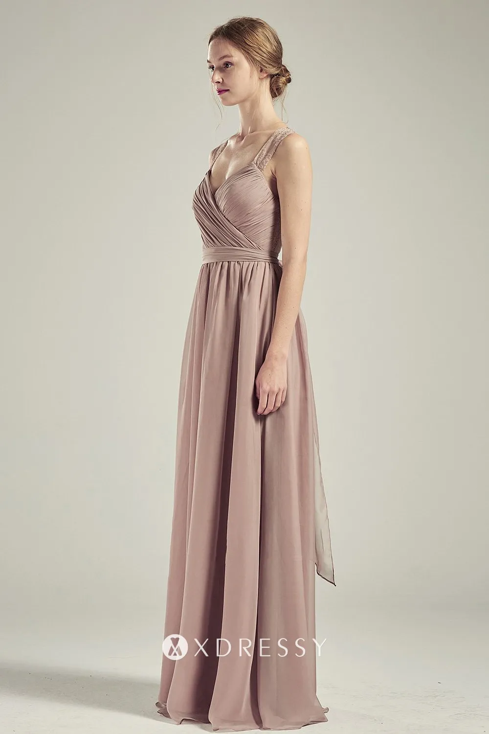pleated chiffon long bridesmaid dress