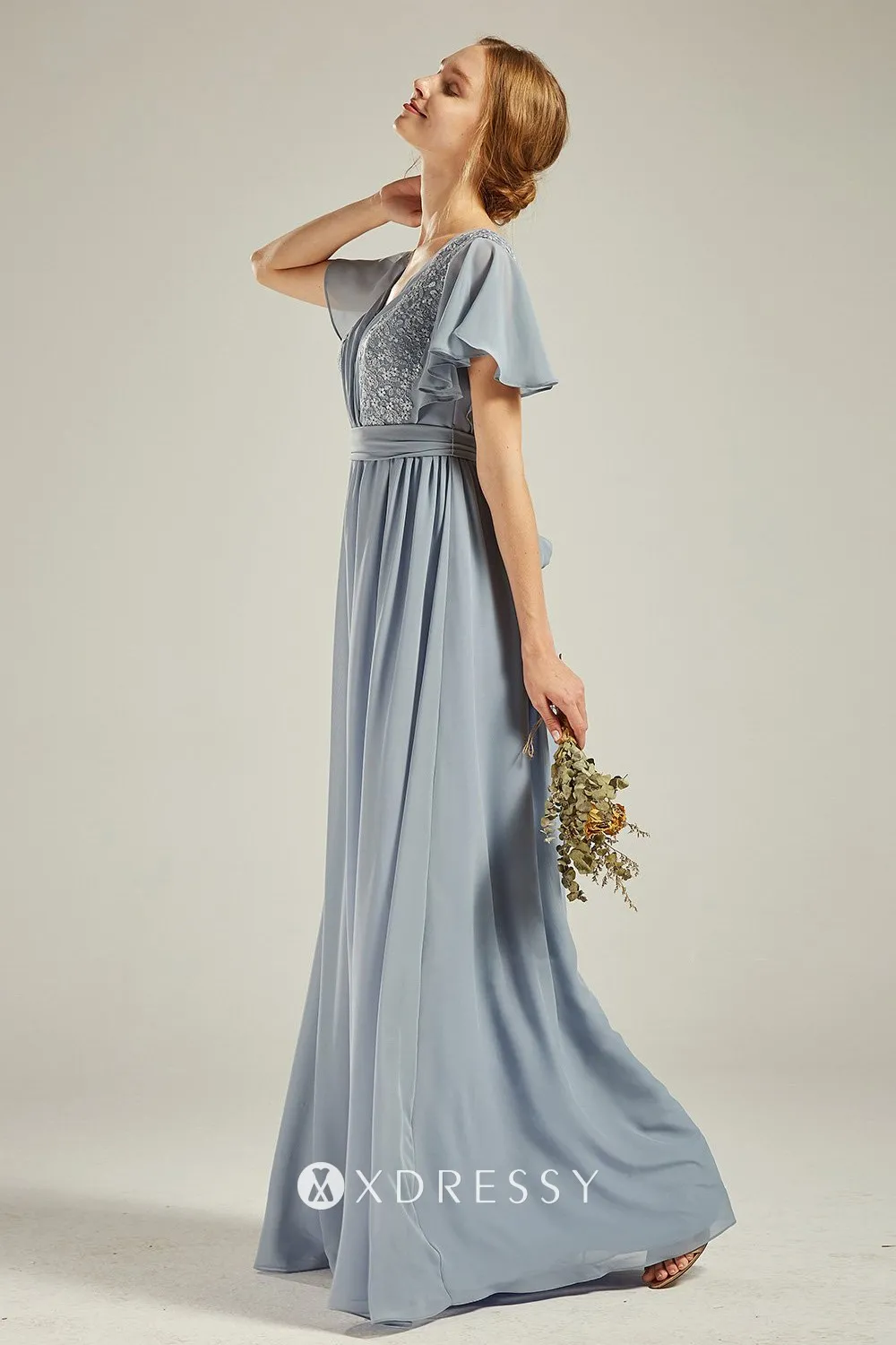 V neck long bridesmaid dress