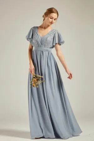 dusty blue short ruffled sleeves lace and chiffon bridesmaid dress