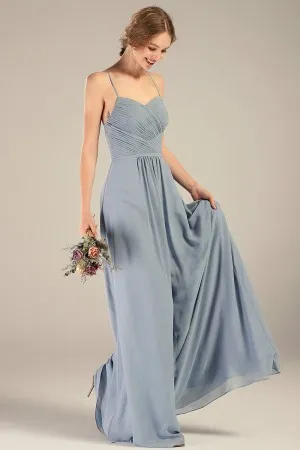 dusty blue spaghetti straps bridesmaid dress