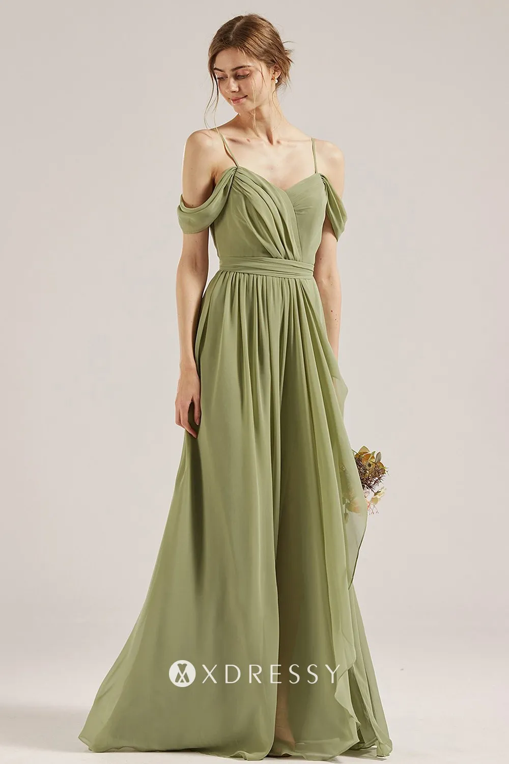 A line ruffled slit bridesmaid dress A line ruffled slit bridesmaid dress