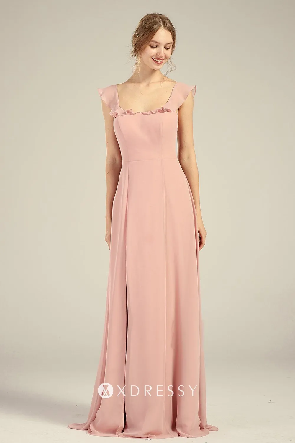 square neck nude pink bridesmaid dress