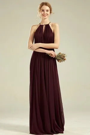 halter burgundy chiffon long bridesmaid dress