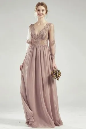 Dark nude sheer long sleeve bridesmaid dress