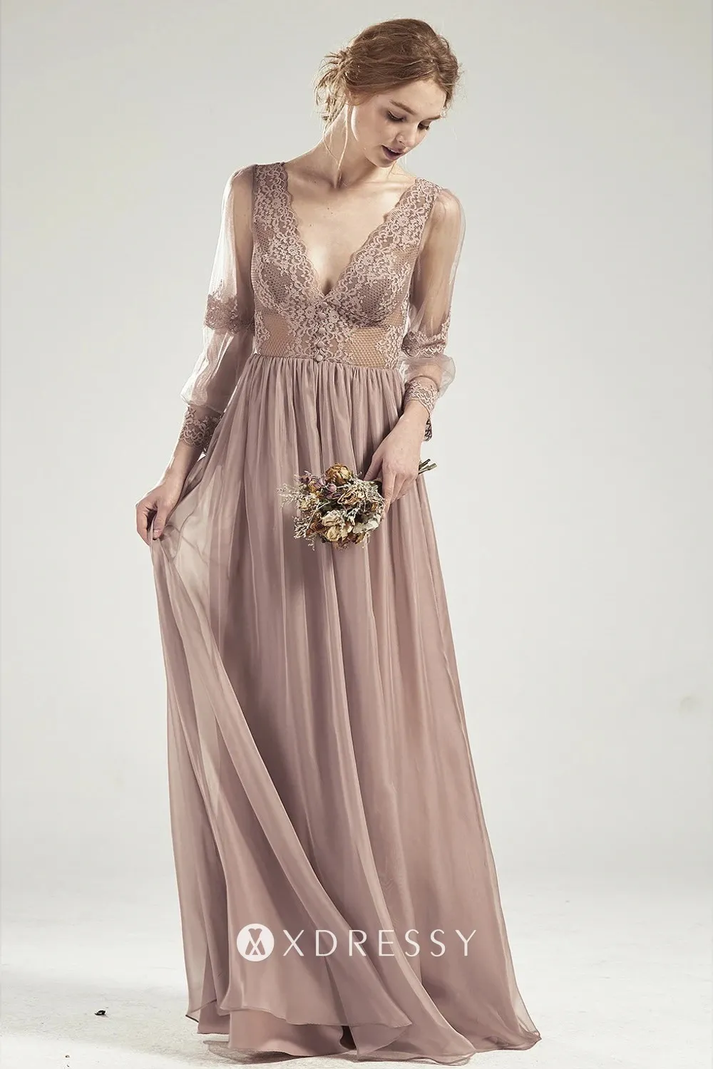 v neck long bridesmaid dress