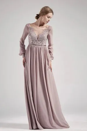 illusion long sleeve V neck bridesmaid dress