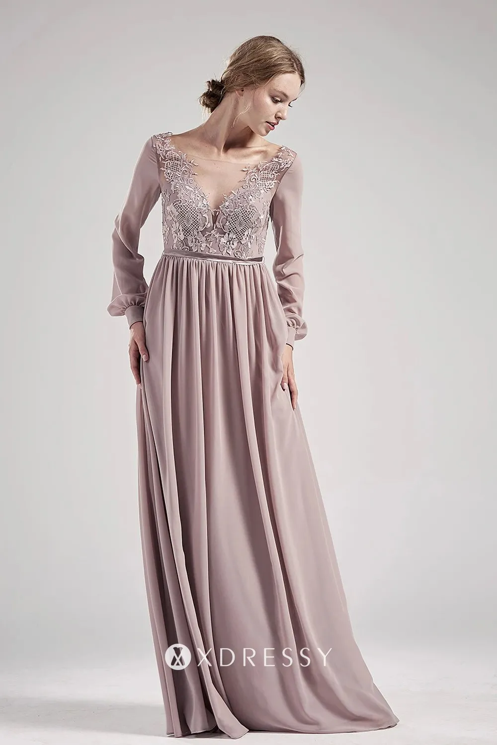 Illusion Long Sleeve Vneck Lace and Chiffon Dress Xdressy