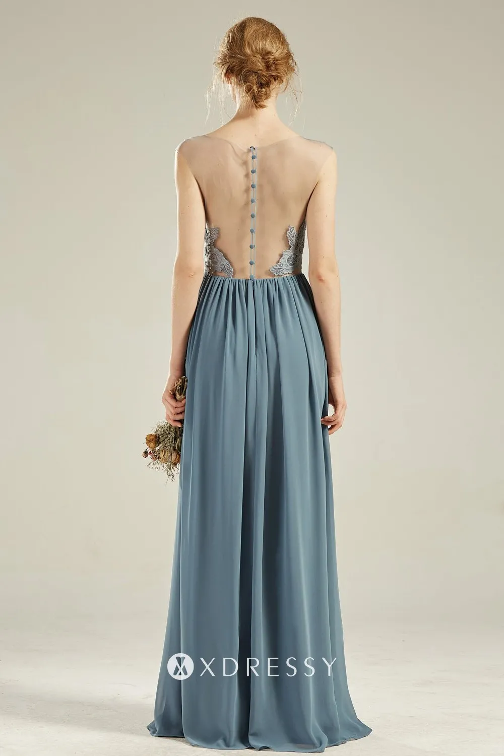 sheer back with buttons bridesmaid dress