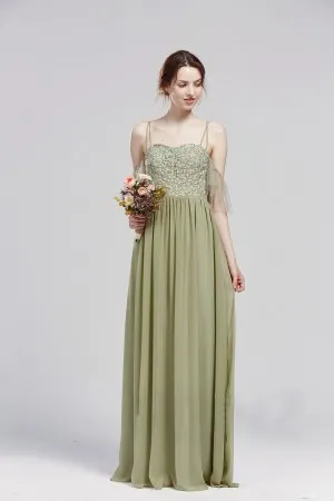 Olive green lace and chiffon long bridesmaid dress