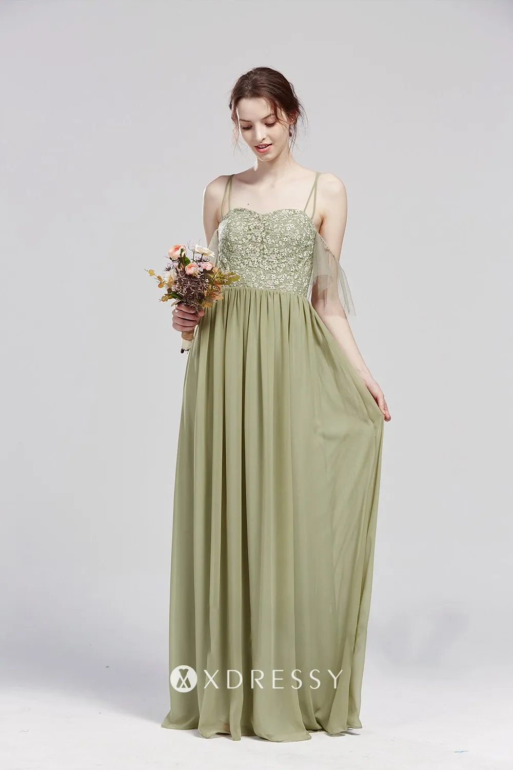 Spaghetti Straps Lace Appliqued Top Long Chiffon Dresses Jade