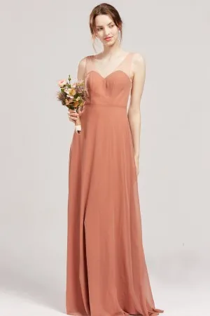 orange wide straps chiffon long bridesmaid dress
