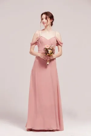 V neck cold shoulder peach pink bridesmaid dress