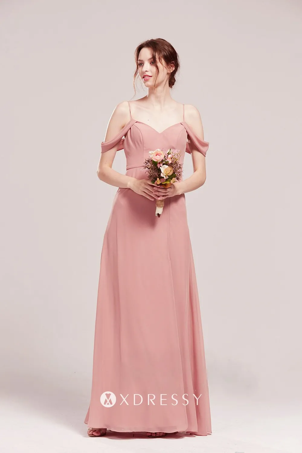 Cold Shoulder Peach Pink Long Chiffon 