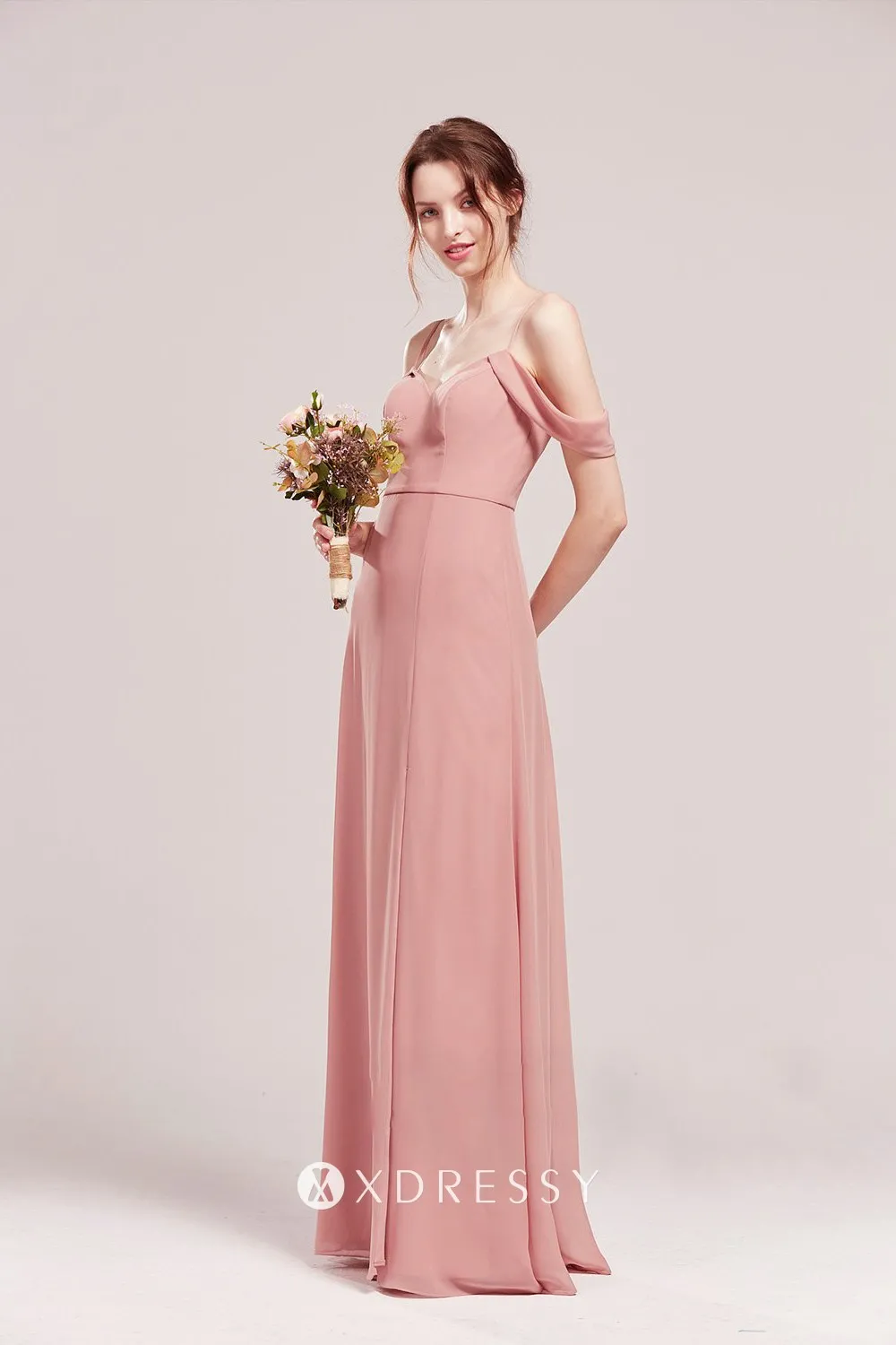 Cold Shoulder Peach Pink Long Chiffon 