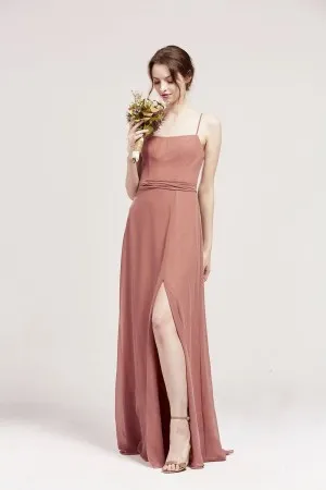 brick red spagheeti straps long bridesmaid dress
