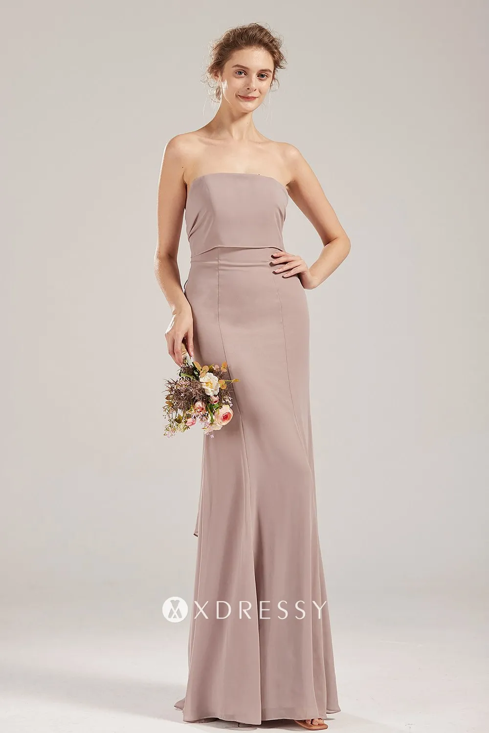 nude strapless slim bridesmaid long dress