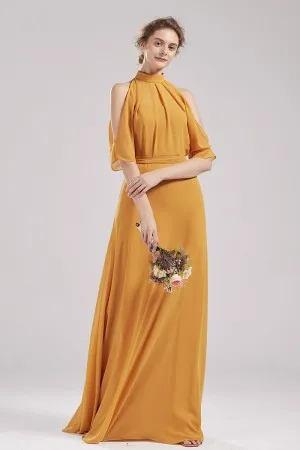 ginger yellow high neck long bridesmaid dress