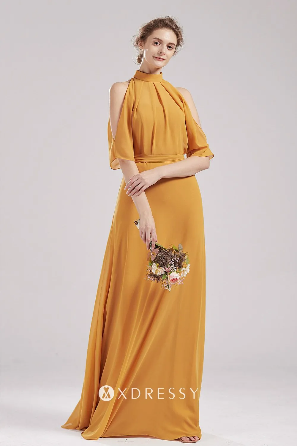Ginger Yellow High Neck TwoPiece Chiffon Long Dress Xdressy